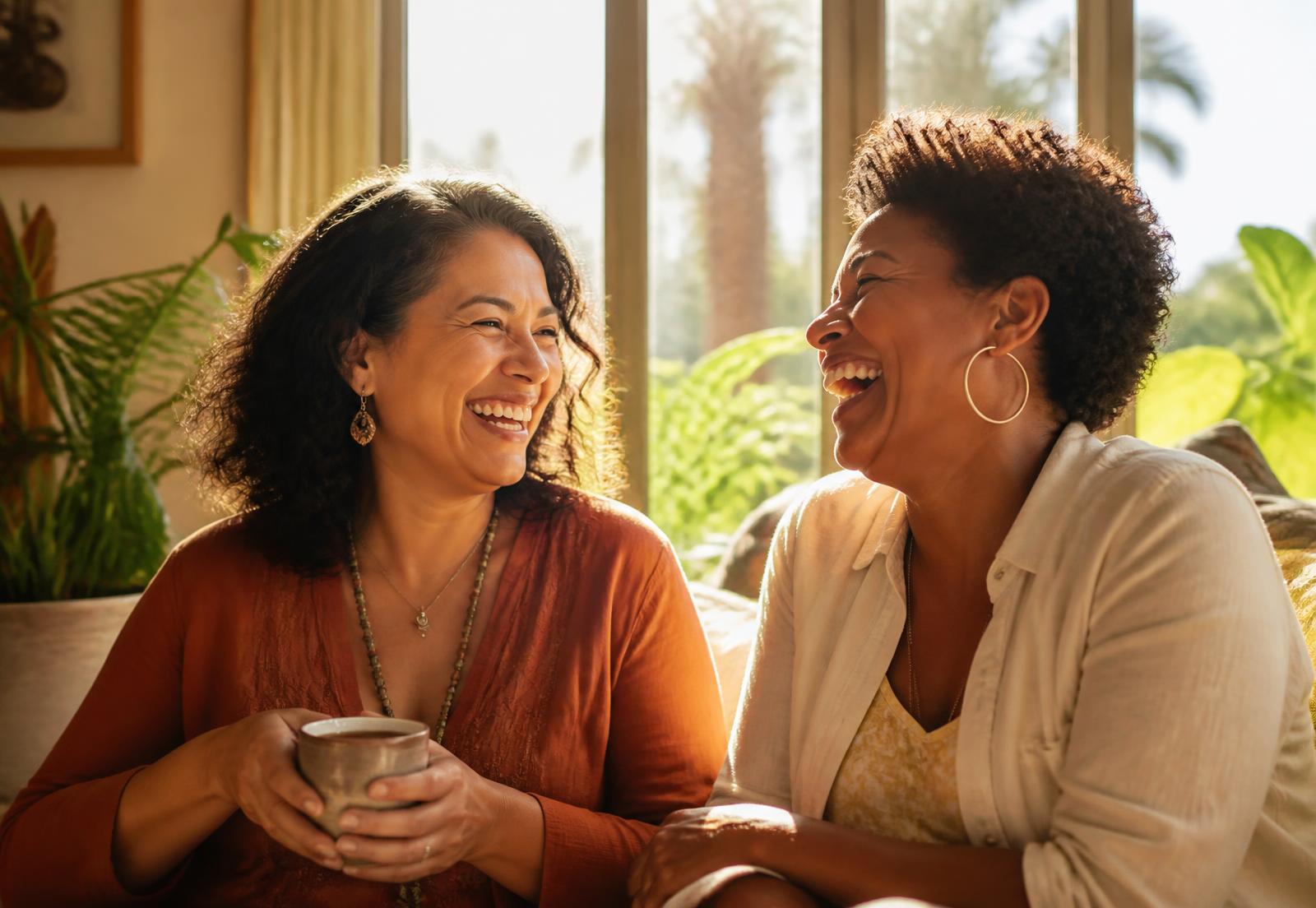 Two friends sharing a joyful moment in warm morning sunlight beside a window of green plants